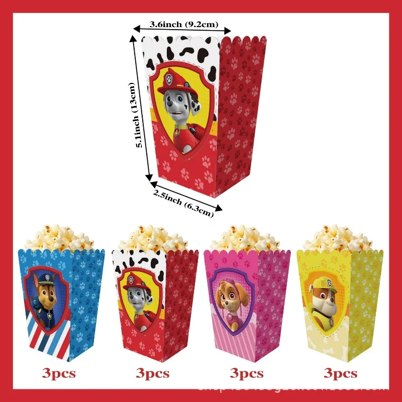 12 ピース/セットパウパトロールテーマキャンディポップコーンボックスクッキーチョコレートスナックボックス少年少女の誕生日キャンディボックスパーティー用品