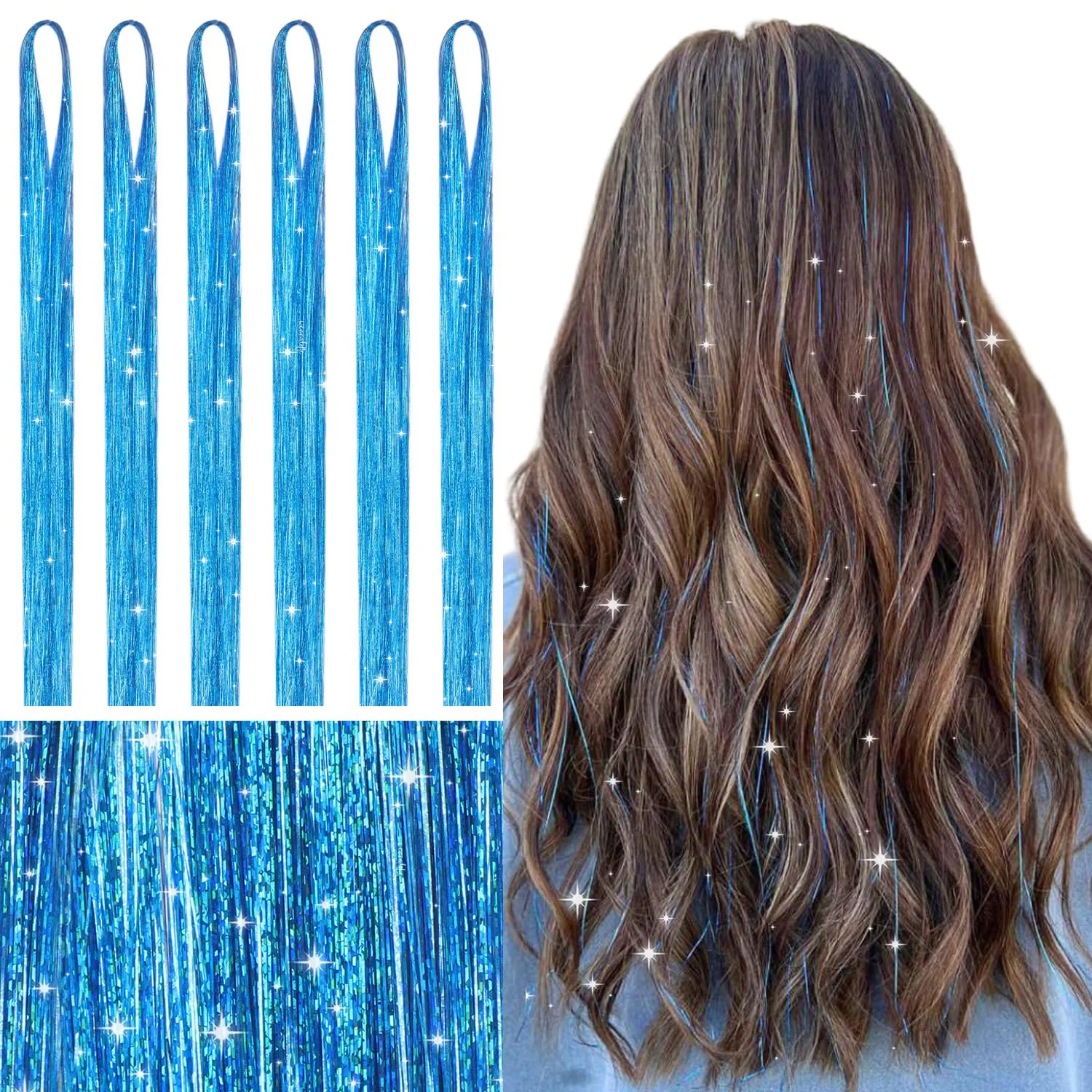 Extensiones coloridas, Kit de oropel de pelo sintético de hadas, accesorios para el cabello elásticos con purpurina brillante resistente al calor para niñas y mujeres