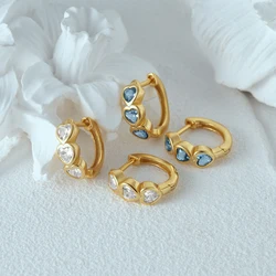 CANNER 925 Sterling Silver Three Heart Blue White Zircon Hoop Earrings For Women 18k Gold Ins Fine Jewelry For Engagement Gift