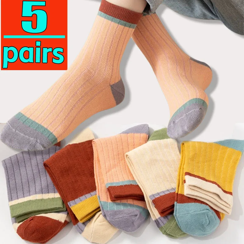 1/3/5Pairs Thickened Striped Women Socks Harajuku Retro Solid Color Mid-tube Socks Autumn Winter Breathable Sweat-absorbent Sock