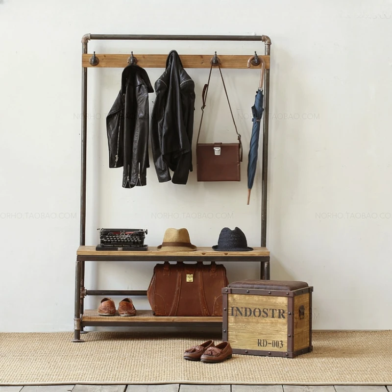 Solid wood clothing rack, water pipe retro porch, coat rack, floor-to-ceiling bedroom hanger