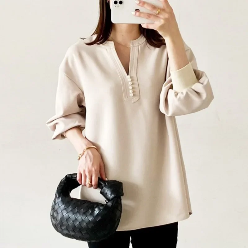 

Women's Hoodie Pullover Sweatshirt Stylish Pearl Decoration V-neck Long Sleeves Tops Loose 2024 Autumn Winter Hoodies Loose Coat