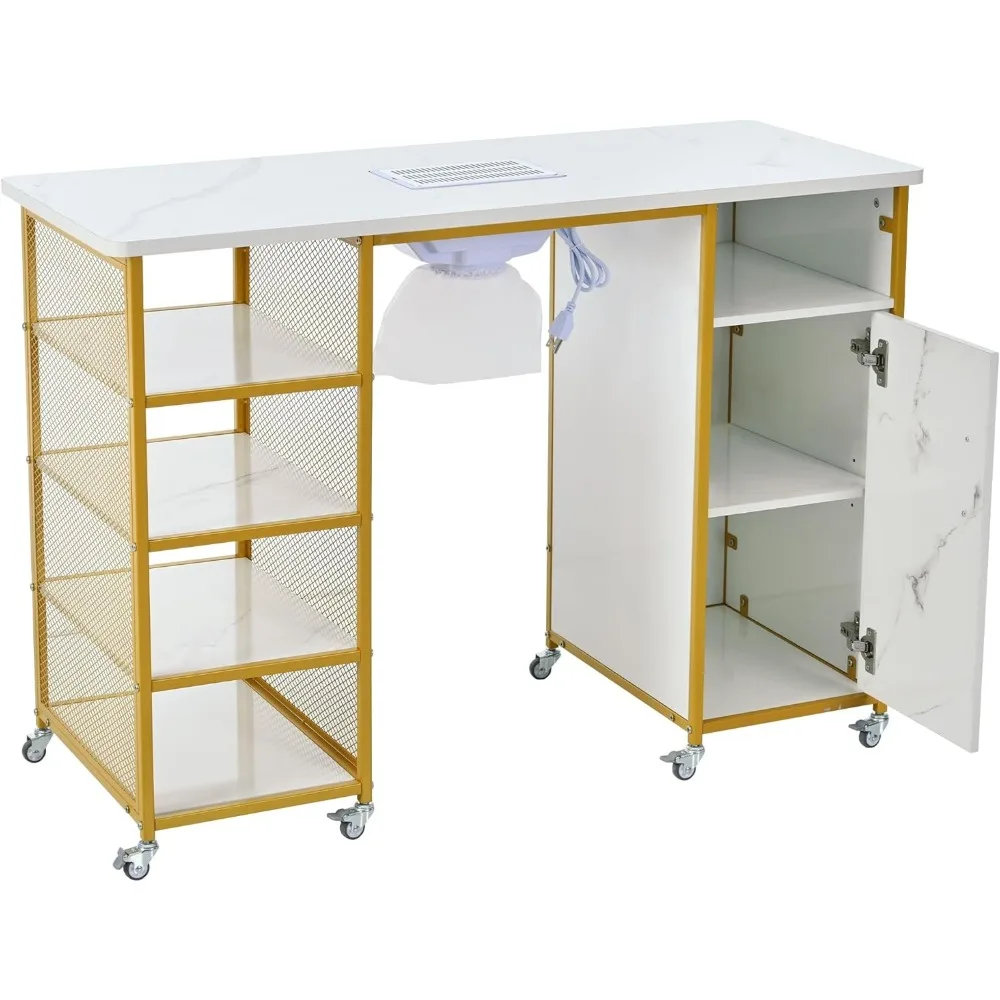 طاولة مانيكير للأظافر لتقنية الأظافر، طاولة أظافر ذات نسيج رخامي مع فتحة تهوية كهربائية، وسادة معصم، عجلات قابلة للقفل