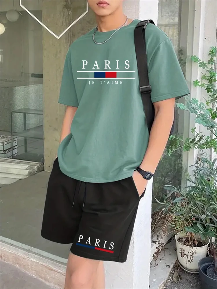 

New Fashion Design Of Men's Two-piece Breathable Summer Fitness Wear, T-shirt, Lace-up Sports Shorts