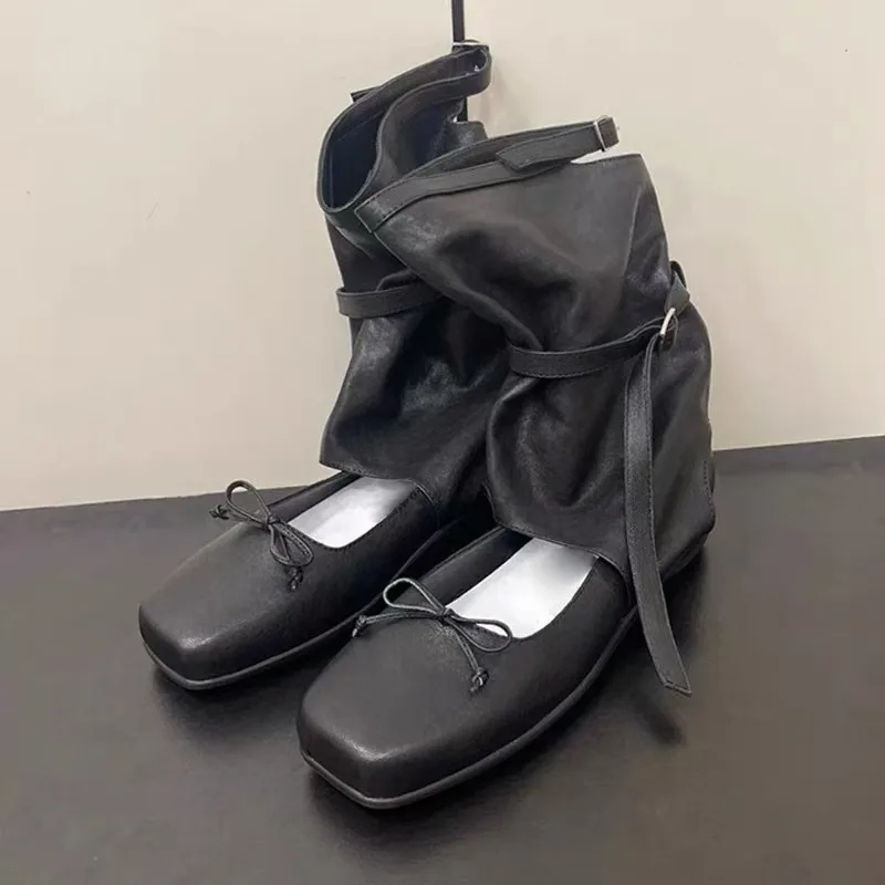 new-square-toe-belt-hollowed-out-boots-pile-up-boots-niche-style-bow-ballet-shoes-women's-leather-short-boots