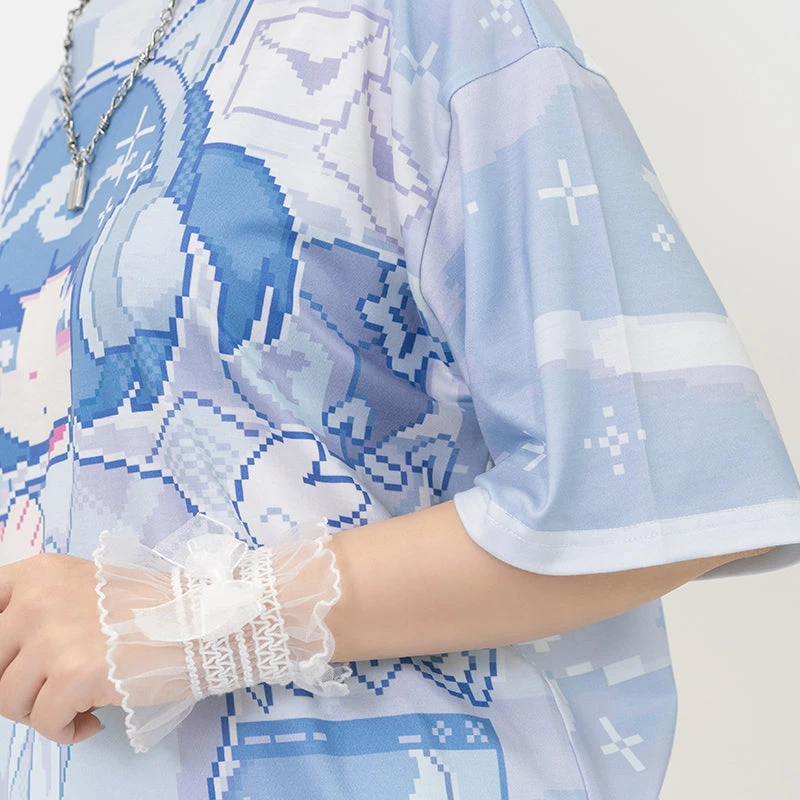 Summer Trendy Japanese Y2K Pixel Style Blue White Girls Printed T-shirt Kids/Adult Anime Harajuku Style Cool Loose Short Sleeve view 3