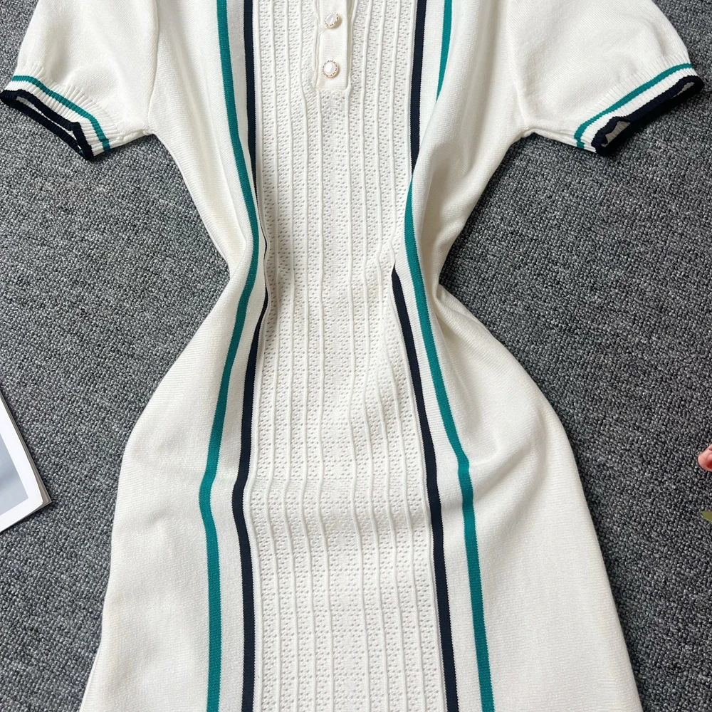 YuooMuoo Women Dress 2025 Summer Vintage Turn-down Collar Knitted Mini Dress Lady Slim Elastic Ruffled Bodycon Party Dress Robes image 4
