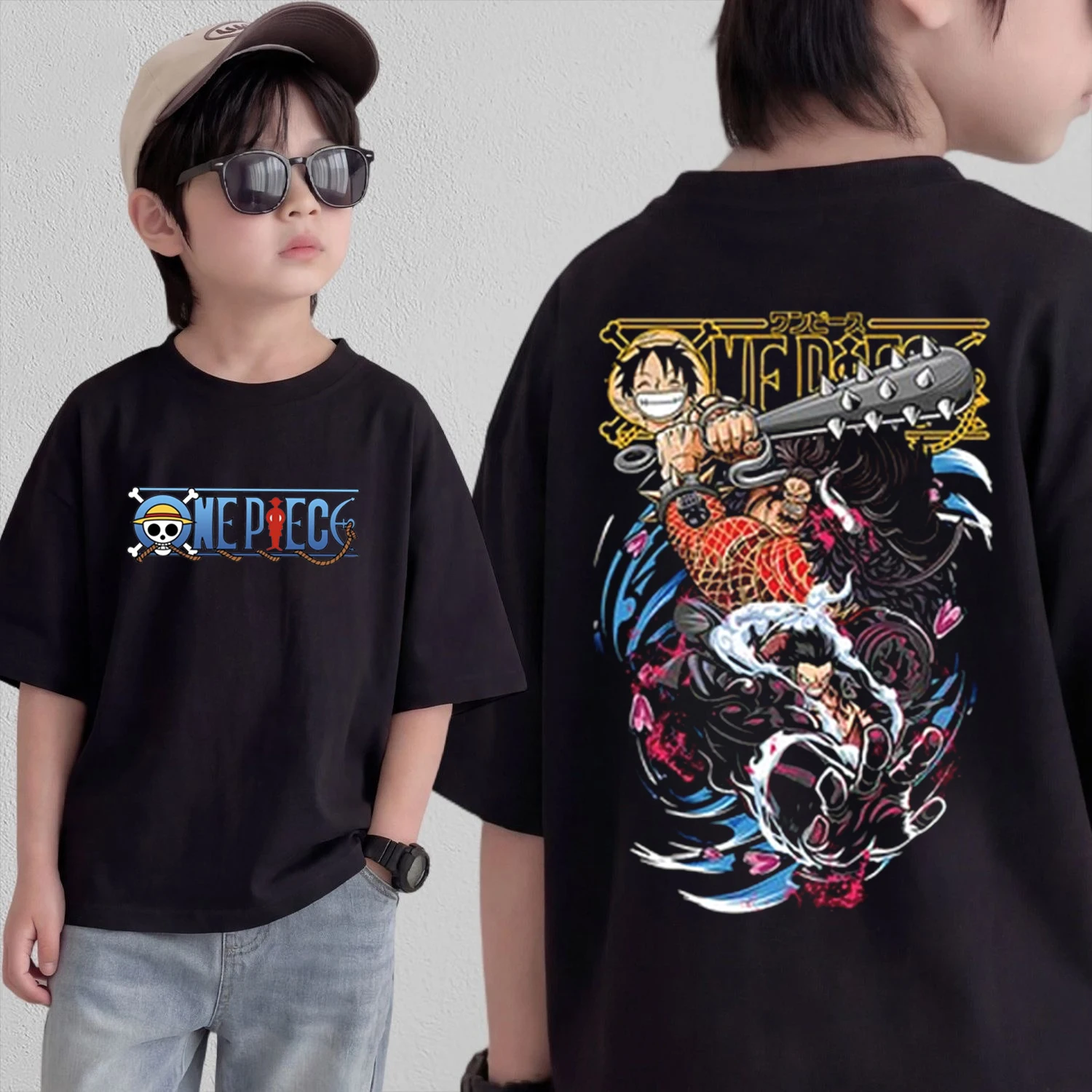 Anime One Piece Cosplay T-Shirt Cotton Short Sleeve Tops Casual Loose Retro T-Shirt Men Women Kids Family Matching Outfits