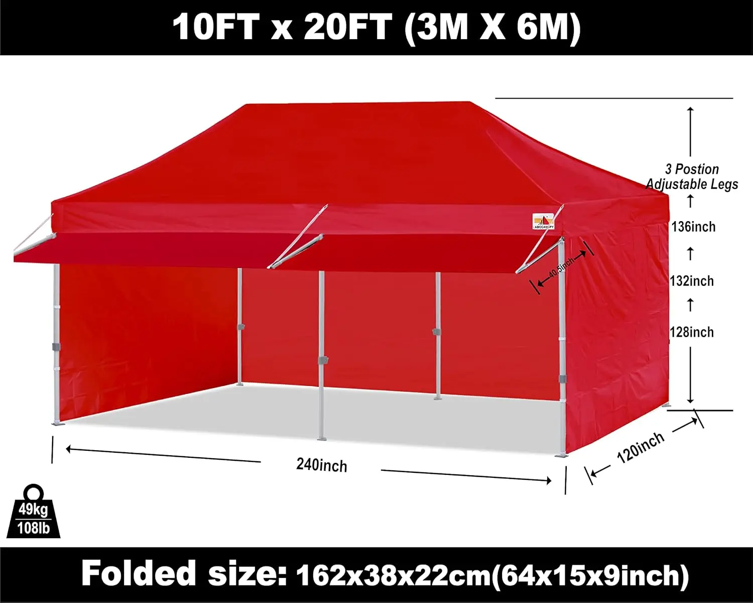 ABCCANOPY 10x20 Pop up Commercial Canopy Tent, Portable Freestanding Shelter with Awning for Booth, Vendor, Outdoor, Red