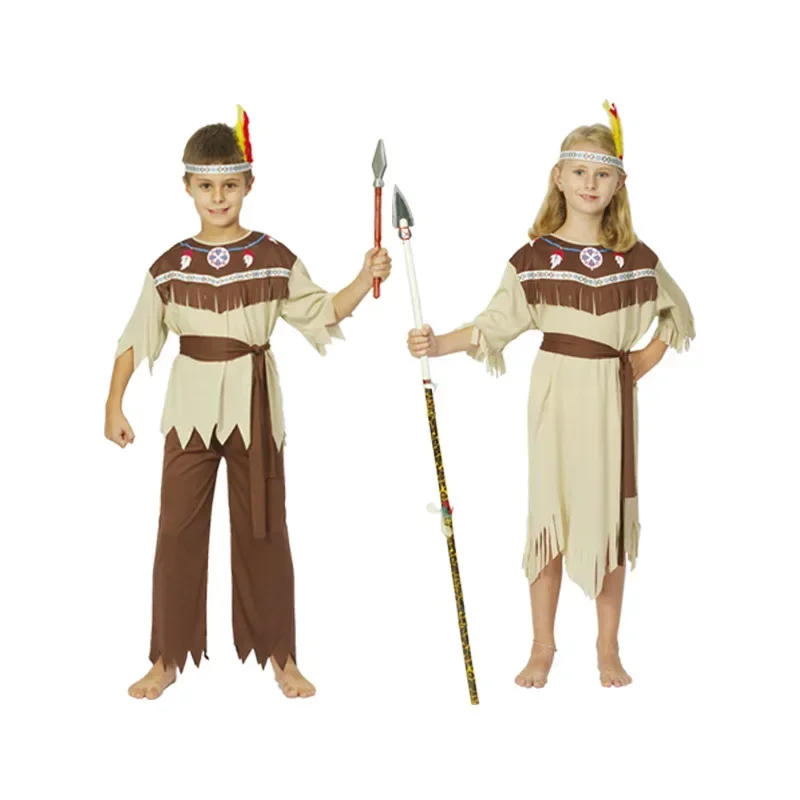 New Arrival Halloween Kids Aboriginal Indian Primitive Party Cosplay Costume Boys Girls Leopard Viking Savage Robes Dress Stage