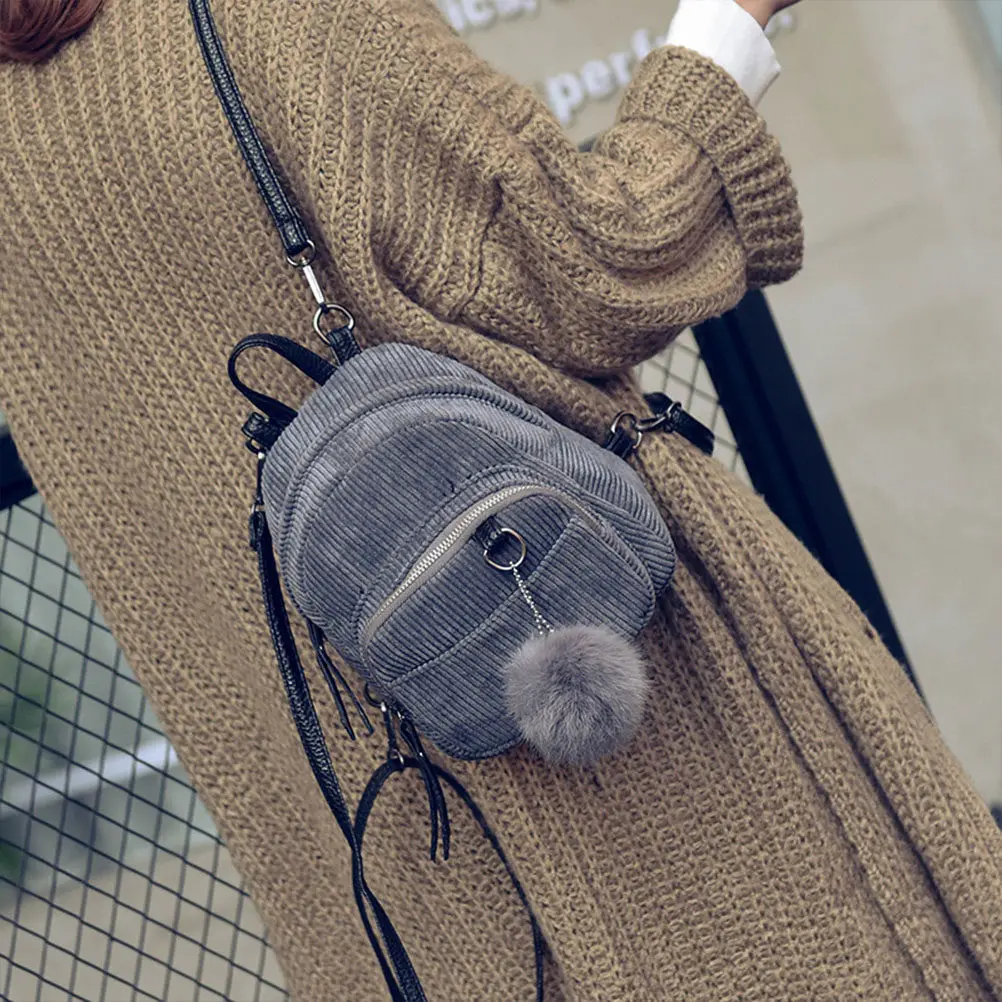 

Blue Gray Corduroy Backpack Retro Satchel Hairball Bookbag School Travel Casual Lightweight Student Daypack Fashion Bag