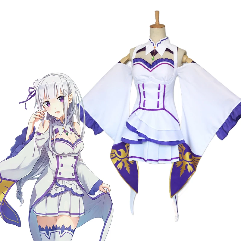 Re Zero Anime Cosplay Traje para Mulheres, Boneca Emilia Rezero, Peruca de Boneca, Trajes de Halloween