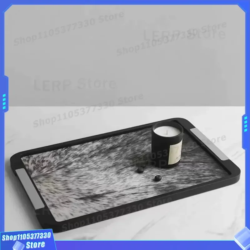 Luxury Rectangular Metal Tray with Horsehair Detail Simple Storage Plate for Coffee Table Living Room Decor Home Organization
