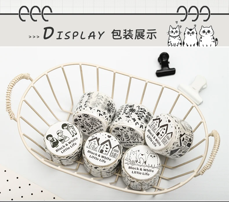Journal GO 3cmx2m Kawaii Schwarz-Weiß Niedliches Lebenssticker Washi Tape DIY Scrapbook Journal Tagebuch Album Schreibwaren Masking Tape – Detail 10