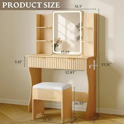 Makeup Vanity Desk with LED Lights and Mirror, Small Vanity for Bedroom | Vanity set with Stool, 3 Lighting Modes