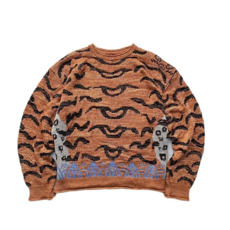 Kapital Vintage Non Hirata Hiroshi Leopard Tiger Printed Pullover Men's and Women's Loose Round Neck Orange Knitting Sweater