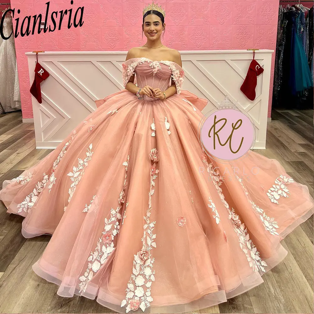 Vestido De baile con lazo De encaje para quinceañera, apliques rosas, hombros descubiertos, corsé De flores 3D, 15 Años