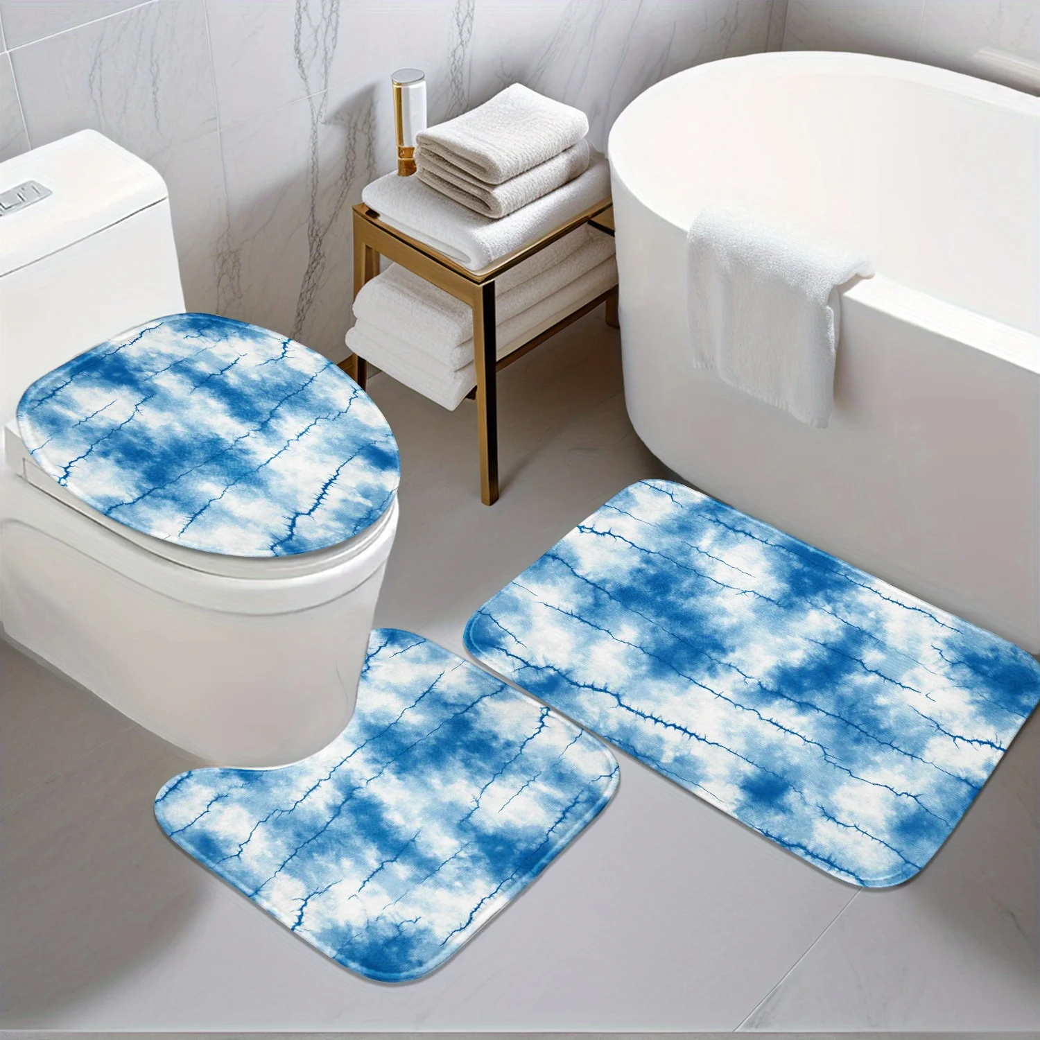 

Hot Bathroom Anti-Slip Mat Set - 3pcs with Blue and White Gradient Line Texture 2D Flat Design Pattern, Digital Print - Includes