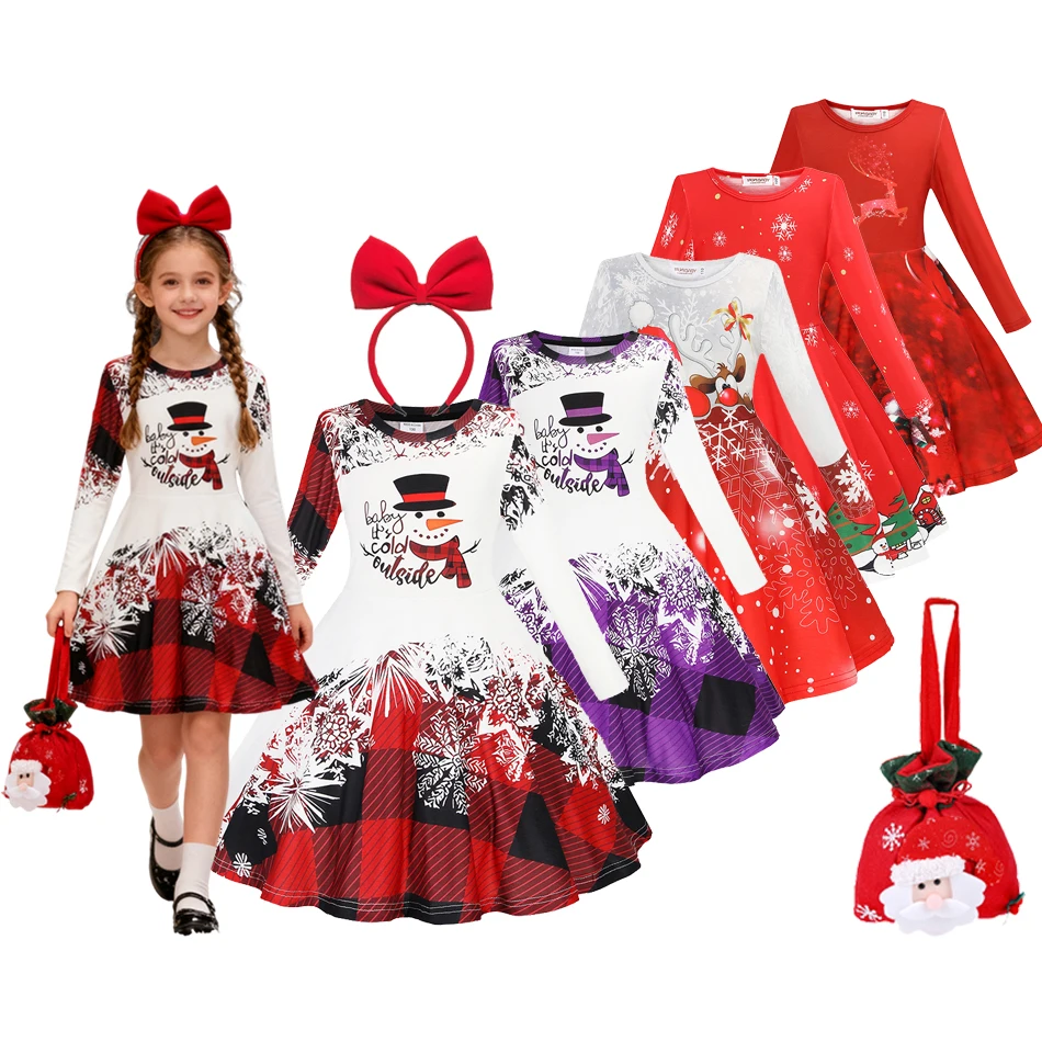 Children Autumn Christmas Long Sleeve Princess Dress Kids Girls Cartoon Print Xmas Party Dresses Toddler Casual Clothing 2-10Yrs