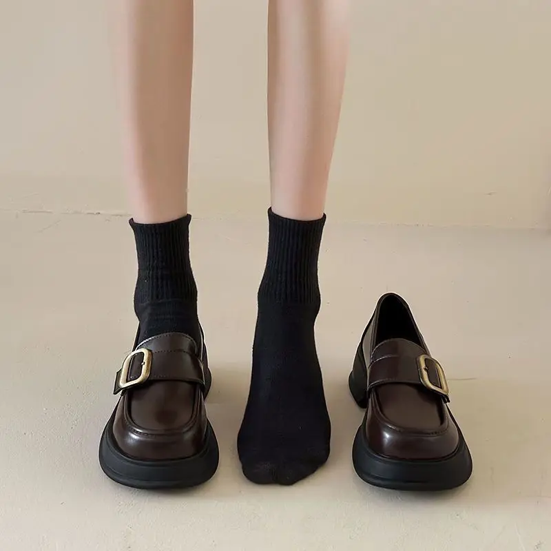 Women Plus Size Leather Loafers with Thick Sole British Style Elevating Slip-On Shoes in Sizes 35-43