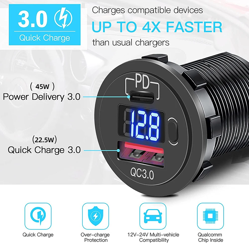 60W PD Type C/QC 3.0 USB Charger with Switch Socket Power Outlet Adapter Waterproof For 12V 24V Car Truck Boat RV Motorcycle