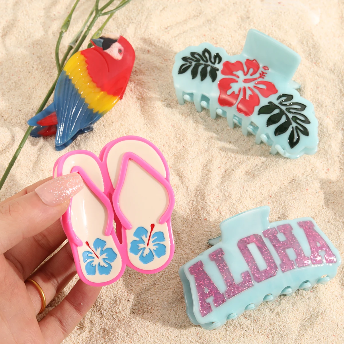 1piece personalized acetic hawaiian parrot flip-flop aloha flower hair claw clip for summer holiday