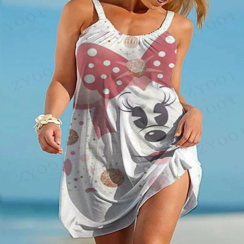 Abito da spiaggia estivo alla moda da donna in stile bohémien, modello di cartone animato Disney stampato, comoda gonna al ginocchio per donna