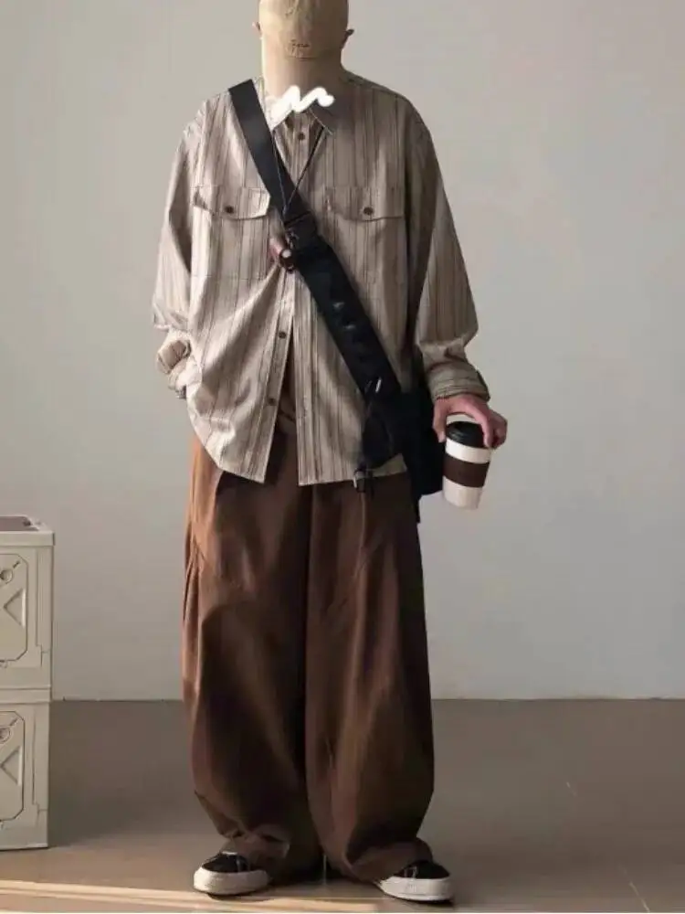 Autumn Japanese Style Set Retro Vertical Stripe Long Sleeve Shirt  Unisex College Style Loose Casual Layering Blouse