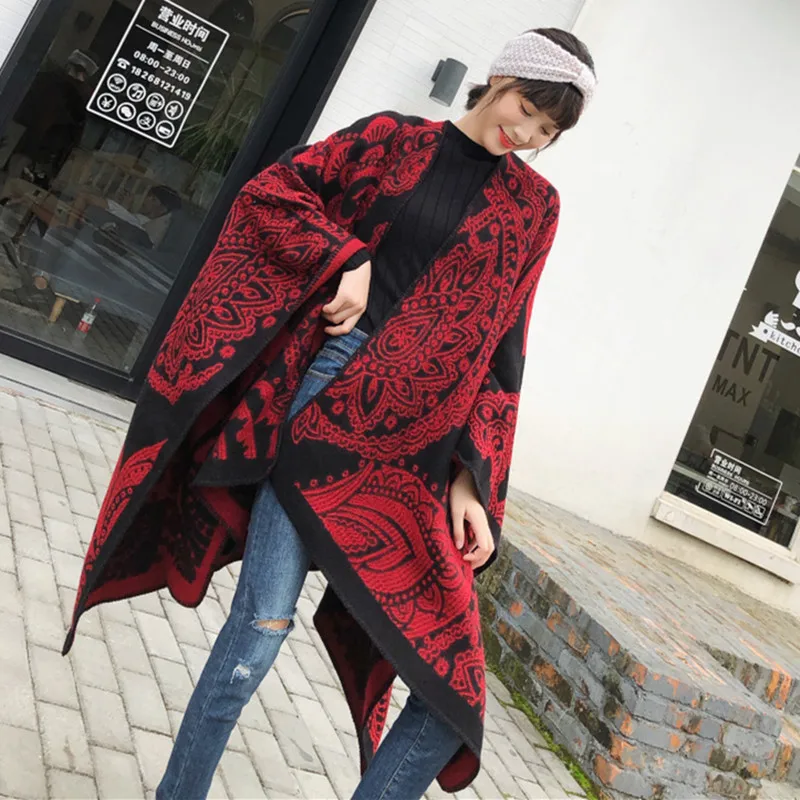 Women Cashmere Feel Shawl Coat Lady Winter Cape with Band Spring Autumn Retro Cardigan Classic Simple Cloak Soft Large Blanket