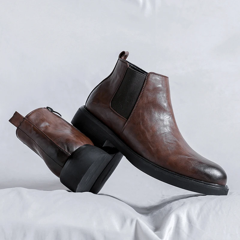 Casual men's boots gentleman business style Outdoor Fashion Street Dress up daily suit leather shoes Autumn and winte Brown