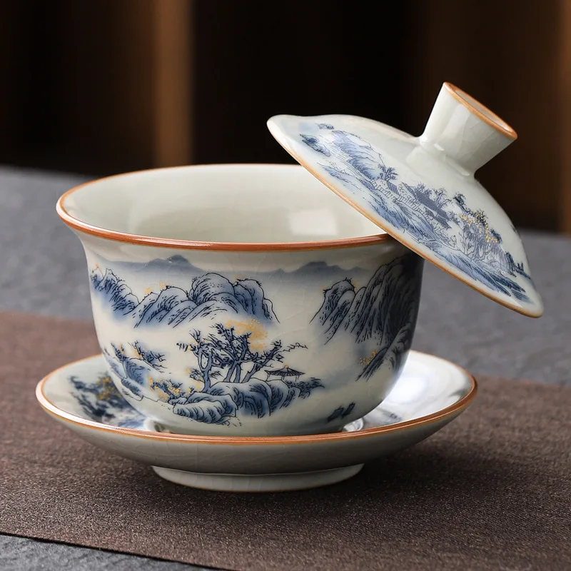 Rice Yellow Ru Ware Blue White Lotus Scroll Sancai Hover Gaiwan Chinese Kung Fu Tea Set Tasting Cup for Home Chinese Tea Art