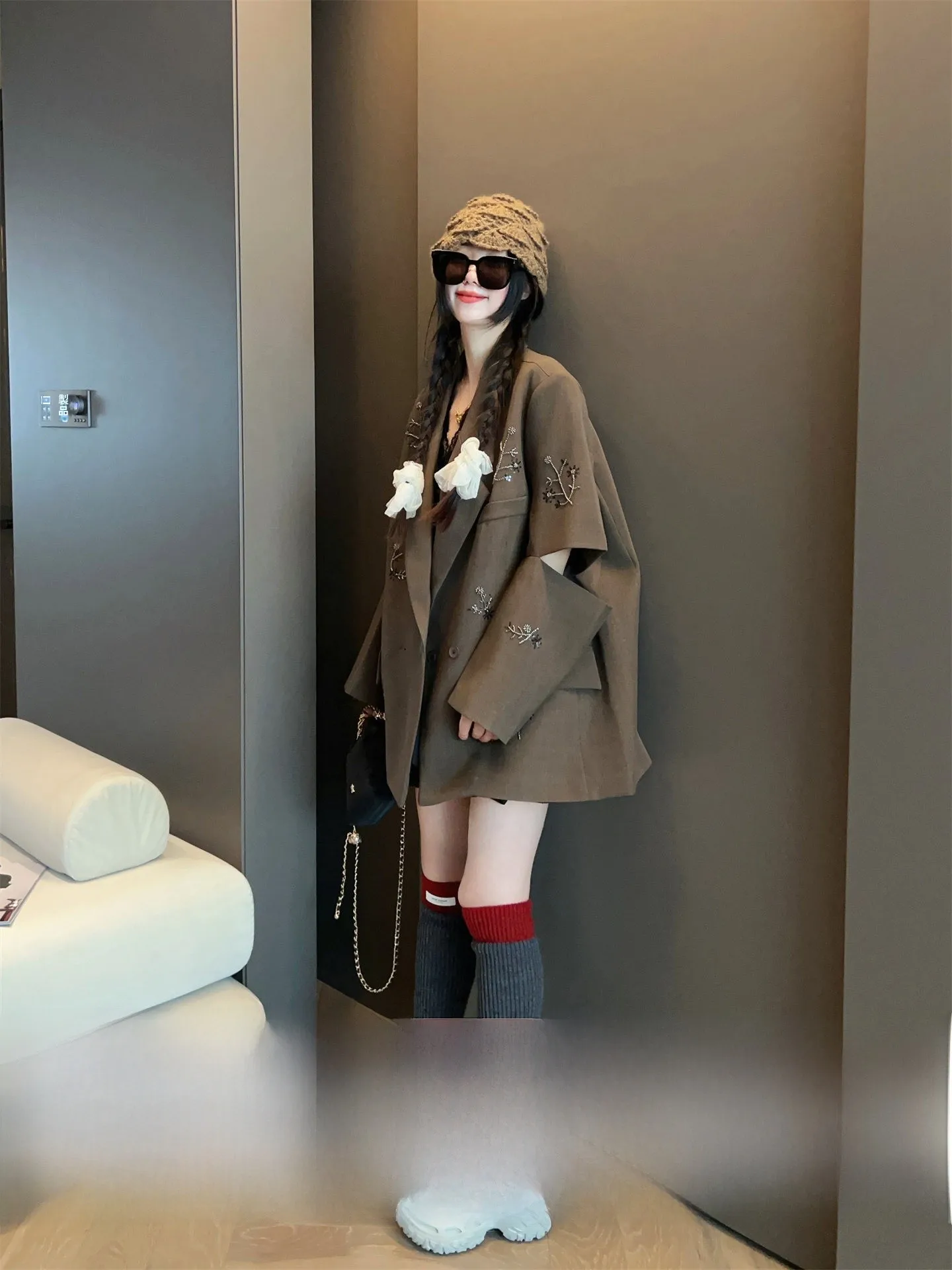 

Модный повседневный женский пиджак свободного кроя, весна 2026, новинка, из нейлона, с длинными рукавами, средней длины, двубортный