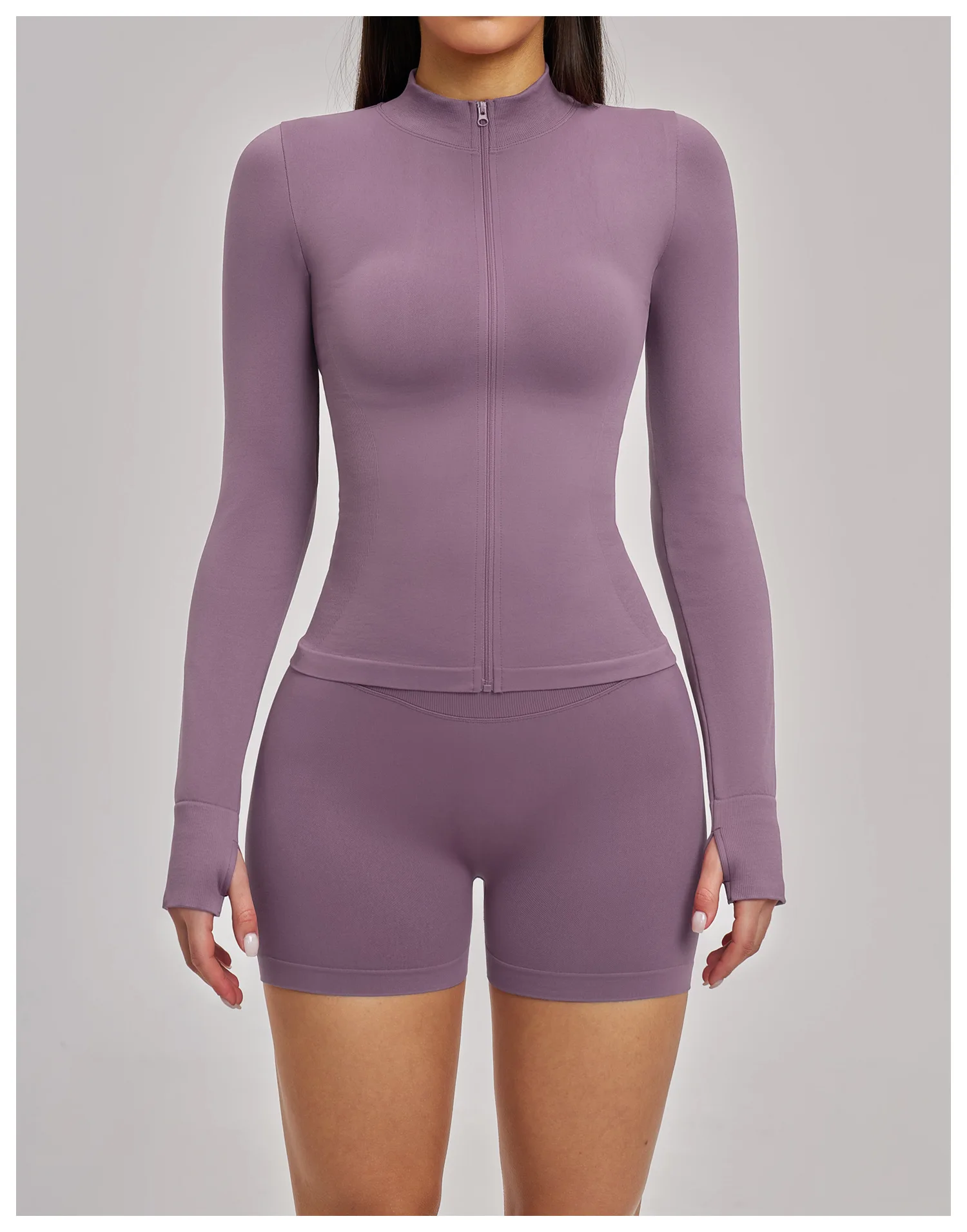 Women's Seamless Long Sleeve Yoga Top Ribbed High Neck Full Zip Slim Fit Sports Jacket Thumb Hole Workout Gym Running Activewear