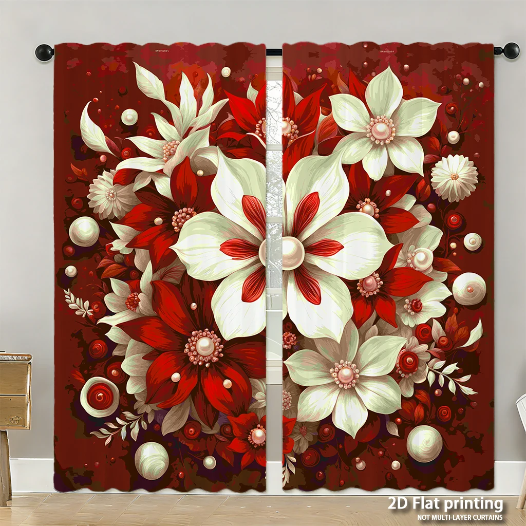 

2-piece set of high-definition digital printed curtainsredwhiteFlowersPearlsDecorativeStyleHome decoration style