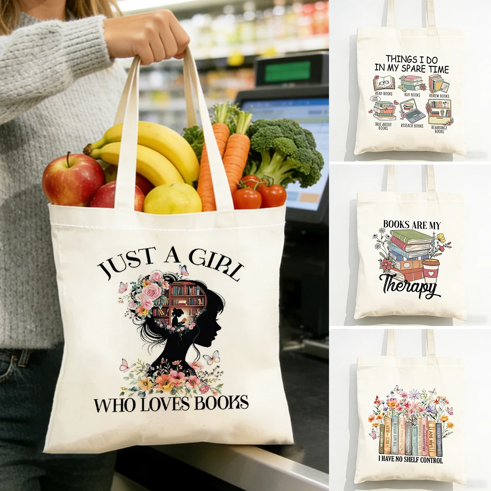 

Book Lover Tote Bags for Women Polyester Reusable Shopping Bag Custom Print With Books Are My Therapy Girl Loves Books 40x45 cm