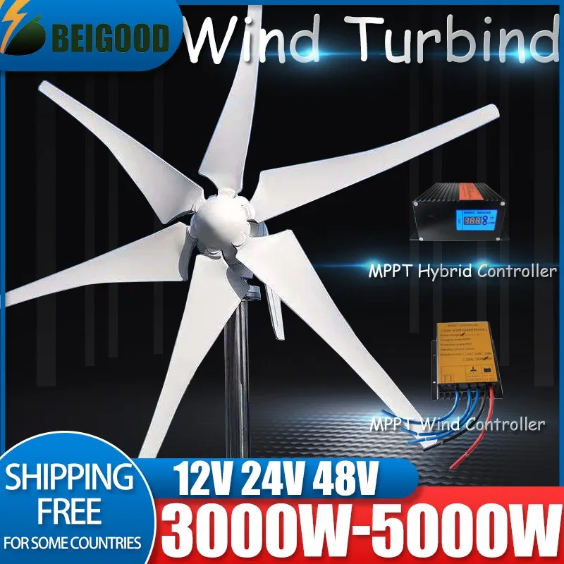 China 3000W-8000W 3/5 Blades New Energy Horizontal Wind Turbine Generator 12v 24v 48v Homeuse Low Noise Small Windmill