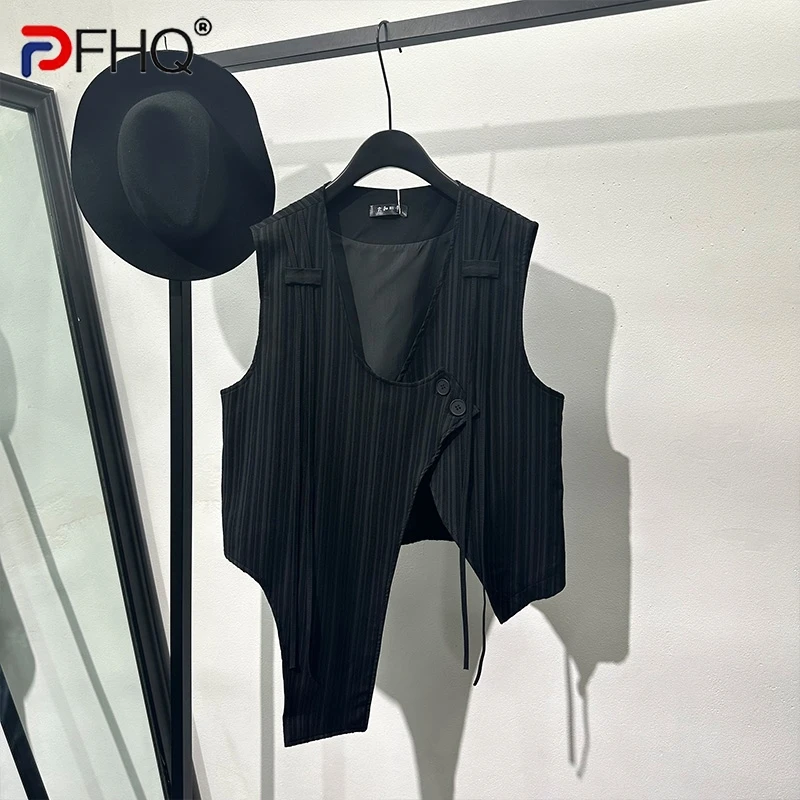 

PFHQ Personality Design Irregular Waistcoat Men's Popular Niche Stripes Ribbon Handsome Creativity Outdoor Vest Summer 21Z4390