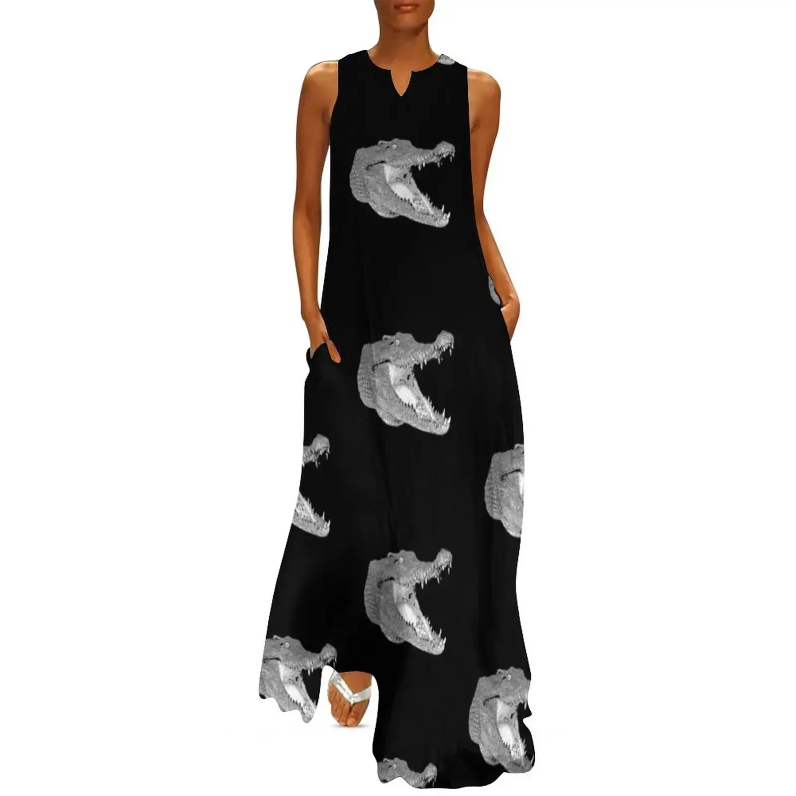 

Black and White Crocodile Head Artwork Long Dress summer dress woman 2025 trendy Dress