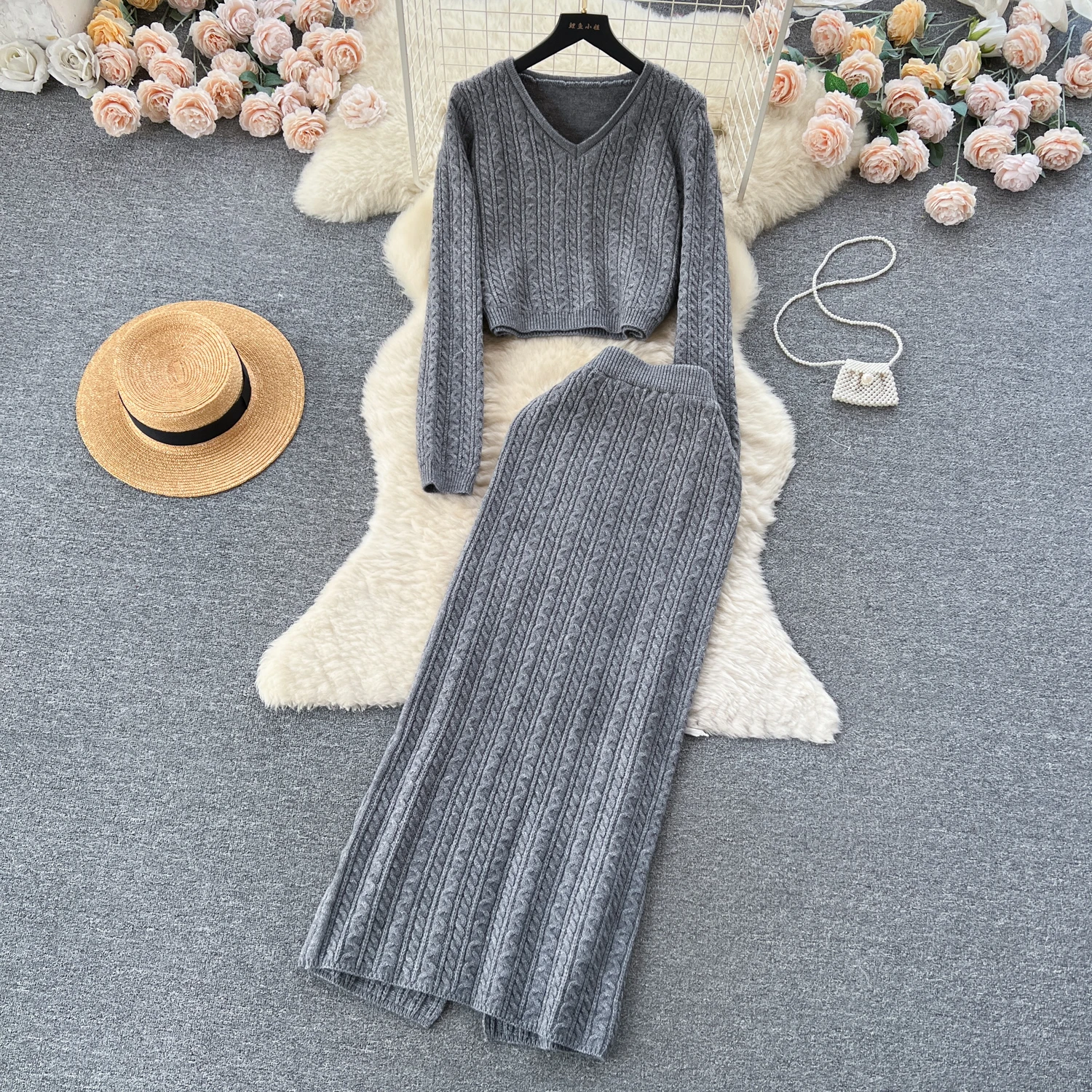 Autumn Winter Women Vintage Twisted Knitted Skirt Suits Fashion Short Pullover Sweater And Split Hem Long Skirt Two Piece Set