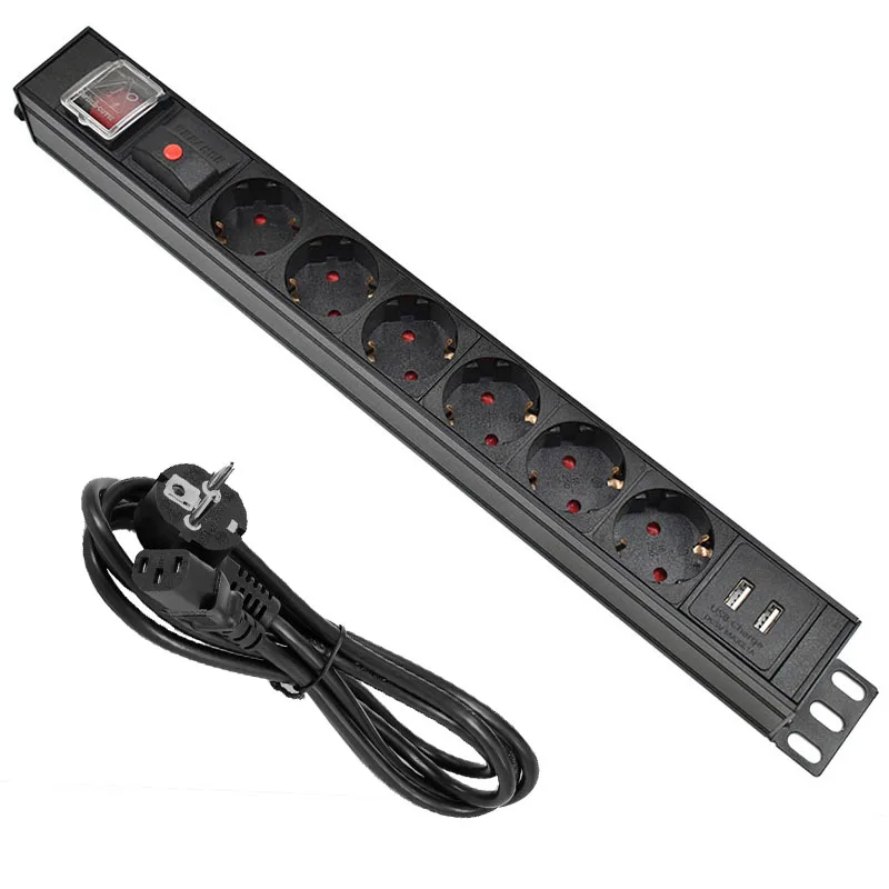 Aluminum alloy 6 Ways PDU Power Strip EU Power Strip Socket with IEC-C14 Port Outlet extend with  2 USB Overload protection