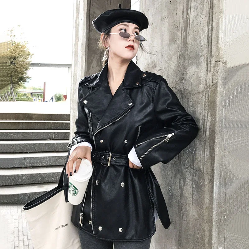 Black PU Leather Motorcycle Jackets Women Spring Autumn Windbreaker Outwear Slim Double Breasted Faux Leather Jacket with Belt