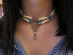 Beautiful Vintage Native American Sterling Sliver Eagle w/Round turquoise Stone Buffalo Bone choker necklace Antique Glass Blue