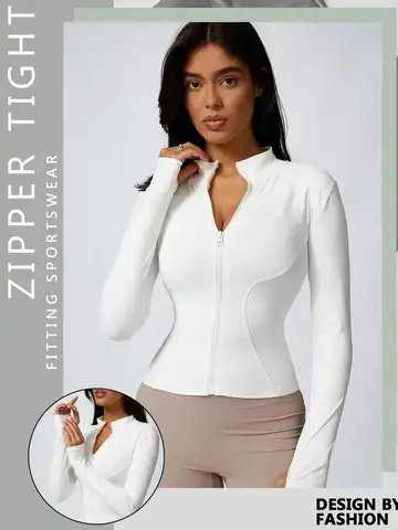 Women's Solid Color Zipper Turtleneck Sports Jacket, Long-Sleeved Sports Top, Gym Wear, Ladies' Sportswear for Indoor and Outdoo