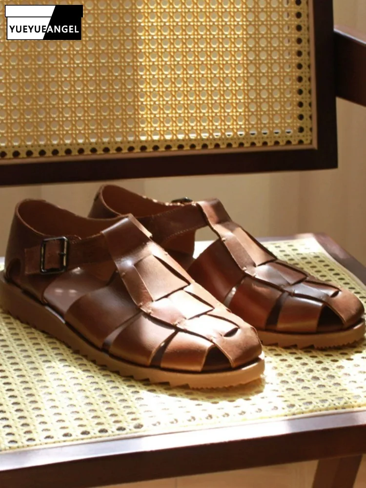 

Mens Retro England Style Cowhide Buckle Strap Close Toe Sandals Leisure Versatile Handmade Weave Genuine Leather Gladiator