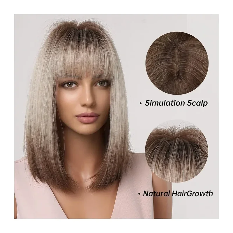 Perruque Synthétique Courte et Lisse avec Frange pour Femme, Cheveux Naturels à Reflets Bruns, Blonds Ombré, Bob, Cosplay, 03/Party