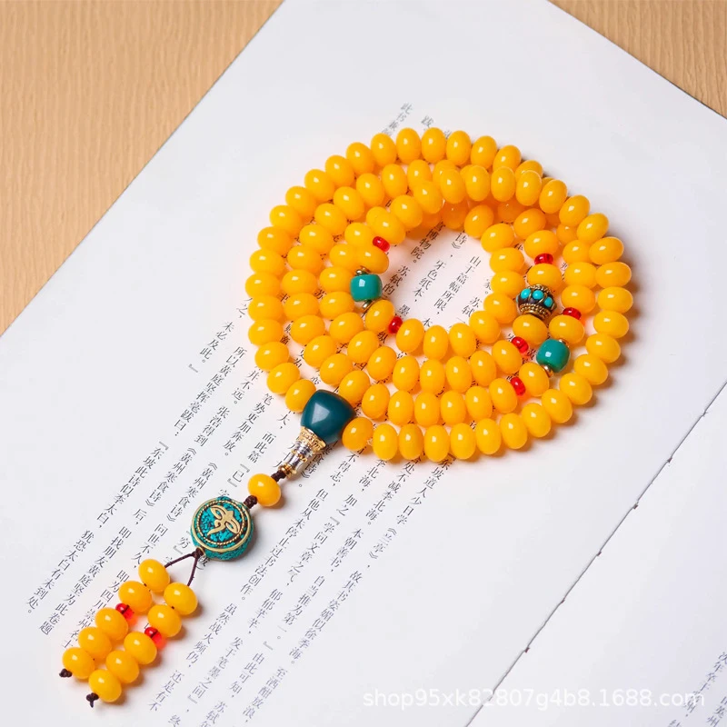 

White Jade Golden Bodhi 108 Amber Yellow Abacus Unisex Apple Bead Bracelet Buddhist Beads