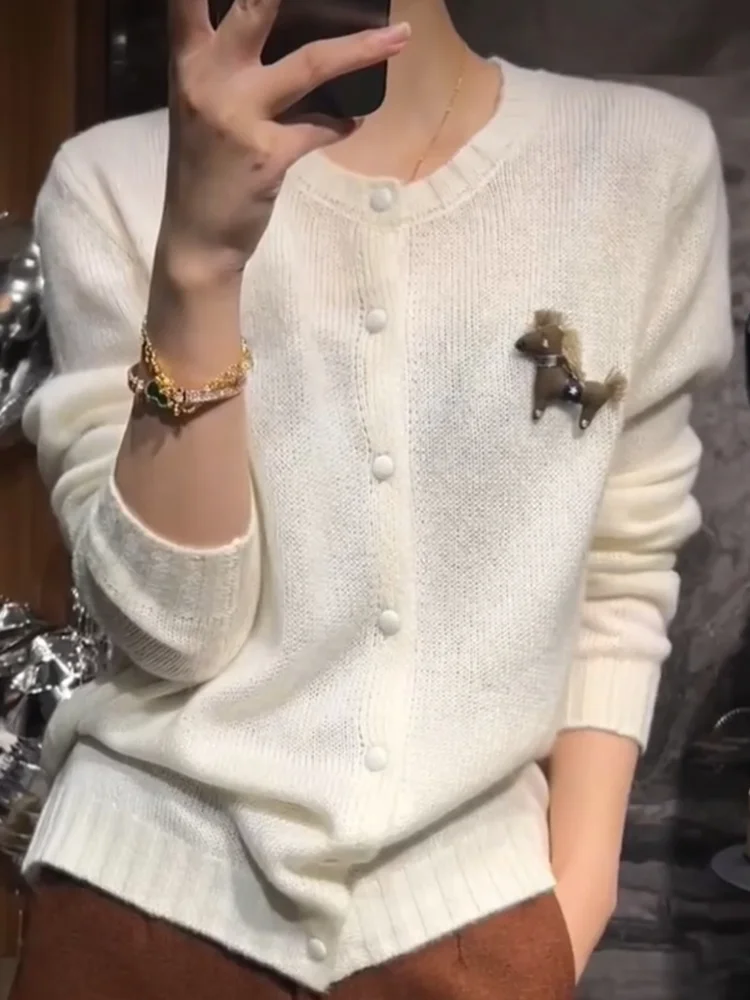 

Корейский модный универсальный вязаный кардиган с круглым вырезом, больших размеров, стройнящий топ для осеннего сезона, шерстяной свитер