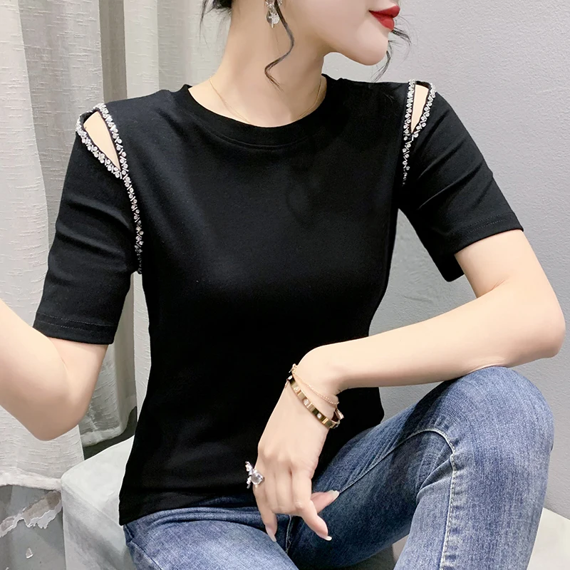 

Black Summer Korean Clothes Cotton T-Shirt Chic Sexy O-Neck Off Shoulder Beads Women Tops Short Sleeve Loose Tees 2024 New 43136