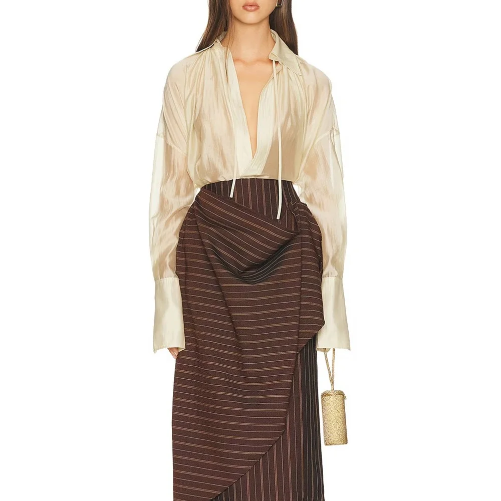 

Женская модная рубашка 2026 — из прозрачного шелка, свободного кроя, повседневная, с воротником | Вдохновленный стилем Y2K, новый универсальный пуловер в стиле High-Street.