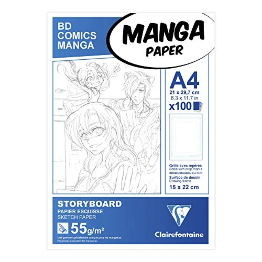 Clairefontaine 94037C Bloc Encolle Manga et Storyboard - 100 Feuilles Papier Esquisse Blanc A4 21x29,7 cm 55g - Papier imprimable